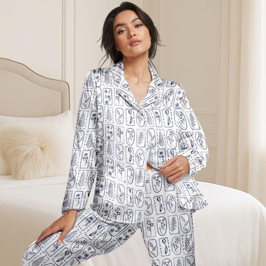 Discover Blue Floral Satin Pajamas, Vintage Rose Women Pajamas, Garden Picnic Pajamas Set, Gift For Her, Long Satin Pajamas