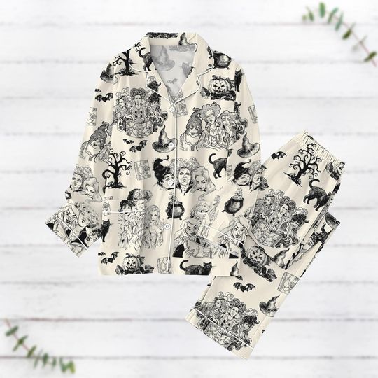Halloween Hocus Pocus Pajamas Set, Sanderson Sisters Women Pajamas, Horror Villains Holiday Pajamas, Halloween Witches Sleepwear Shirt