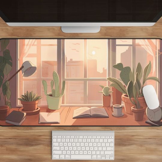 Discover Lofi Desk Mat, Cozy Windowsill Scene, Plants and Books, Warm Color Palette, Animated Illustration, Home Office Decor, Large Mouse Pad
