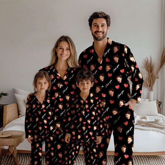 Discover I love You Custom Face Pajamas Family Christmas Pajamas, Heart Pajamas, Custom Pet Pajamas, Gifts for her, Family Set, Xmas Pajamas Gift