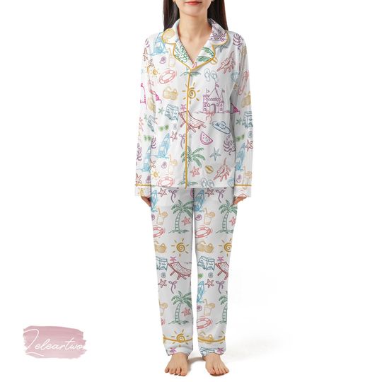 Cousins Beach Set | Silky Satin Pajama Set for Women | Summer Beach Print Loungewear | Lightweight Coastal Sleepwear | Girls Trip Gift Idea