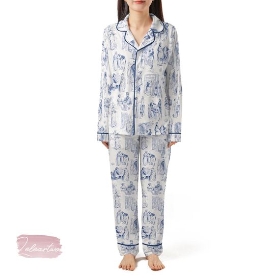 Discover Pride and Prejudice Fanart | Silky Satin Pajama Set for Women | Jane Austen Toile Print Sleepwear | Literary Loungewear Gift