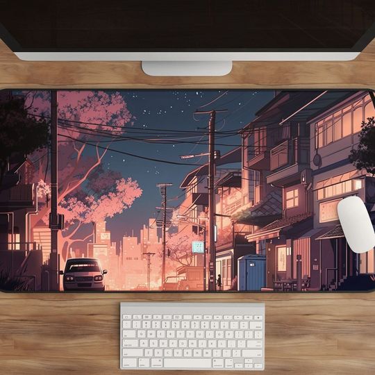 Discover XL Lofi Anime Desk Mat: Tokyo Sakura Night Cityscape Gaming Mousepad