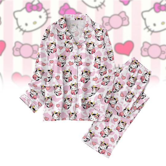 Hello Kitty Cow Pajamas Set, Hello Kitty Pajamas For Women, Cute Kitty Pink Pajamas For Party, Matching Pajamas Set, Valentine Gift