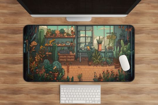Discover Potted Plants Pixel Art Desk Mat | Solarpunk Plant Aesthetic | XL Gaming Mousepad | House Plant Lover Gift | Large Desk Accessories
