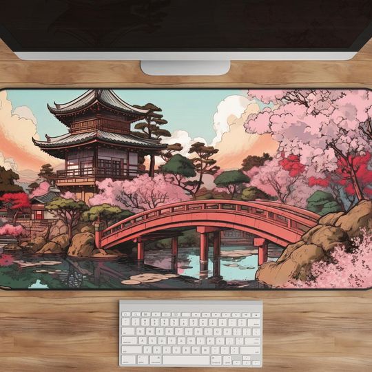 Discover Japanese Landscape Desk Mat - Manga-Inspired Art, Pink Bridge, Vibrant Trees, Detailed Architecture Mousepad