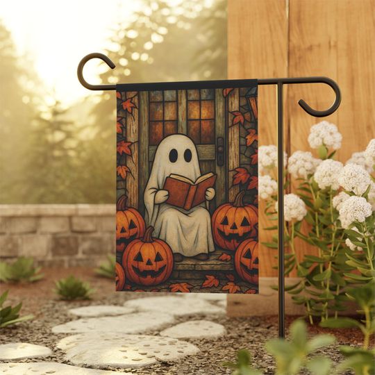 Halloween Ghost Reading Garden Flag - Cute Halloween Porch Decor with Pumpkins & Autumn Leaves