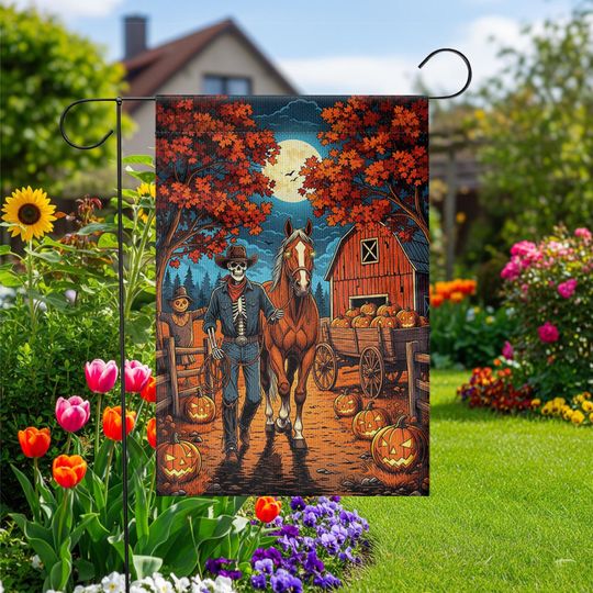 Discover Halloween Cowboy Skeleton Garden Flag  Western Pumpkin Barn Yard Decor  Horse