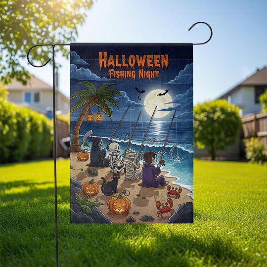 Discover Halloween Fishing Garden Flag  Spooky Beach Decor with Skeletons & Moon