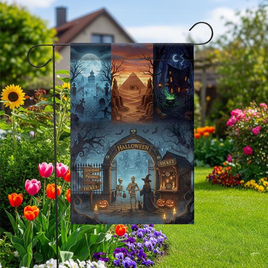Halloween Adventure Garden Flag  Spooky Graveyard, Pyramid