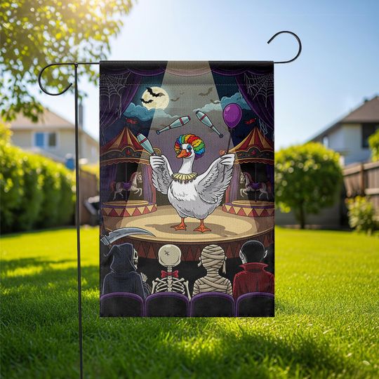 Discover Clown Goose Halloween Garden Flag  Funny Circus Skeleton Audience Yard Decor