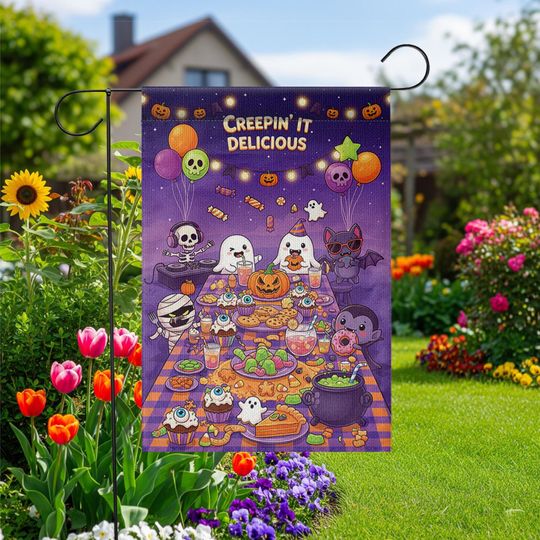Discover Cute Halloween Party Garden Flag  Creepin' It Delicious  Funny Fall Yard Decor