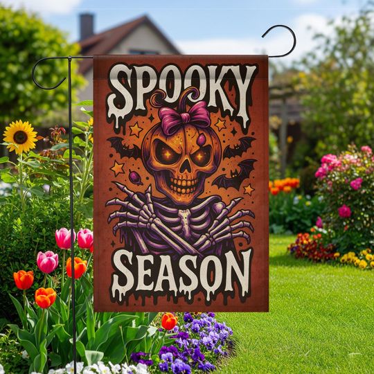 Discover Spooky Season Halloween Garden Flag | Pumpkin Skeleton Outdoor Decor | Gothic Fall Yard Sign