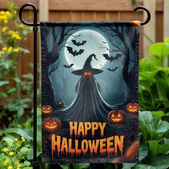 Discover Spooky Witch Pumpkin Garden Flag, Custom Halloween Banner, Outdoor Yard Sign