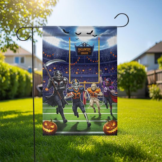 Halloween Football Garden Flag  Spooky Sports Yard Decor  Skeleton