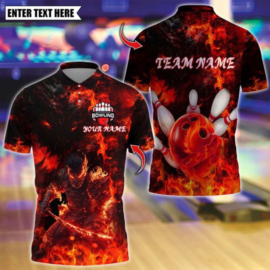 Discover Custom Bowling Polo Shirt, Pin Samurai Inferno Design