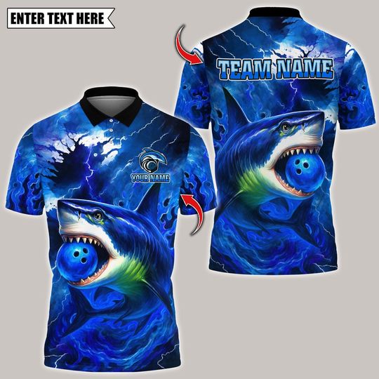 Discover Custom Bowling Polo Shirt, Bowling And Pins Storm Shark Design