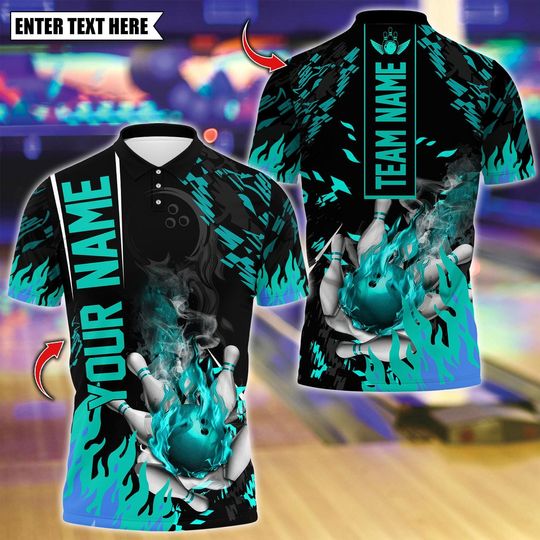Discover Custom Bowling And Pins Black Basic Flaming Polo