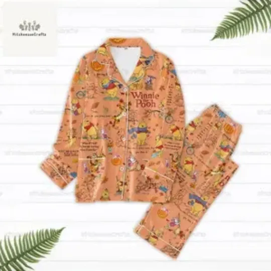 Orange Halloween Winnie The Pooh Pajamas Set, Luxury Silk Pajamas Soft Sleepwear