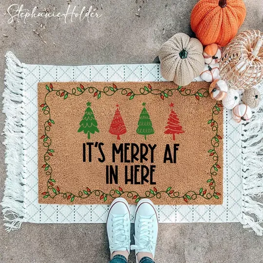 Discover Its Merry AF in Here Welcome Mat, Funny Christmas Doormat, Festive Xmas Decor, Unique Housewarming Gift, Xmas Doormat