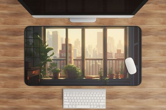 Discover City View Anime Desk Mat - Manhattan Balcony & Plant Lover XL Mousepad