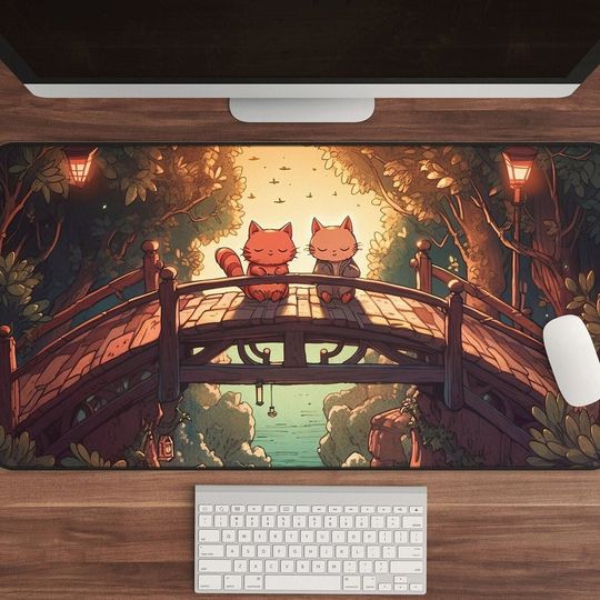 Anime Kawaii Cat Bridge Desk Mat, XL Gaming Mouse Pad
