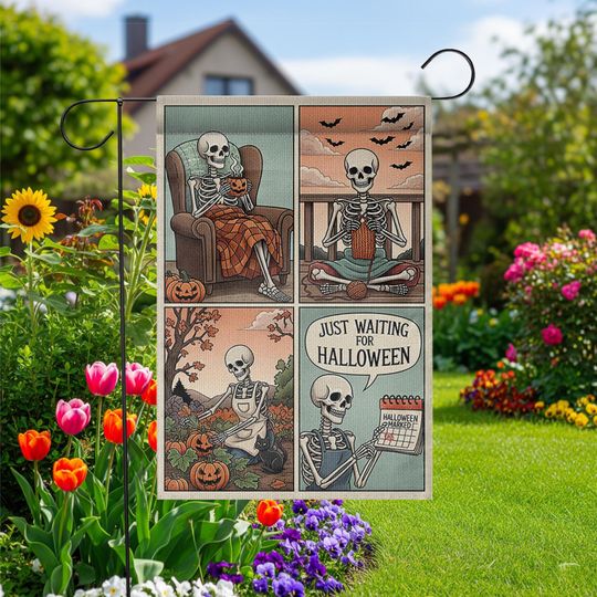Discover Funny Skeleton Halloween Garden Flag, Just Waiting for Halloween Yard Decor, Cute Skeleton Comic Banner, Autumn Outdoor Flag
