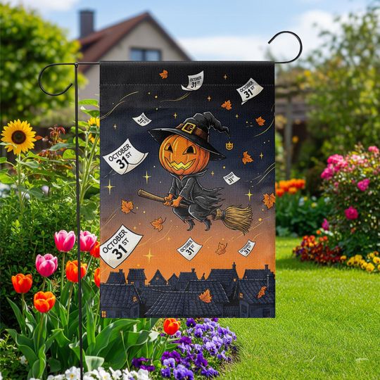 Discover Pumpkin Witch Halloween Garden Flag  October 31st Flying Witch Decor  Spooky Cute Fall Outdoor Yard Banner