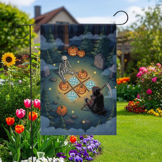 Halloween Garden Flag: Grim Reaper & Skeleton - Spooky Yard Decor