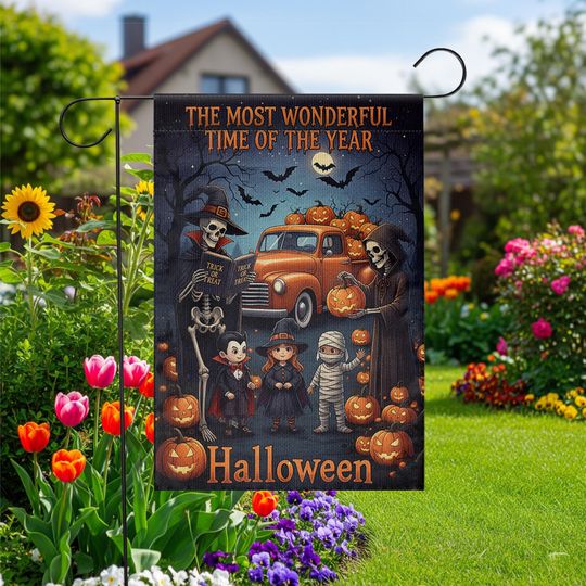 Vintage Halloween Garden Flag | Trick or Treat Skeleton Yard Decor