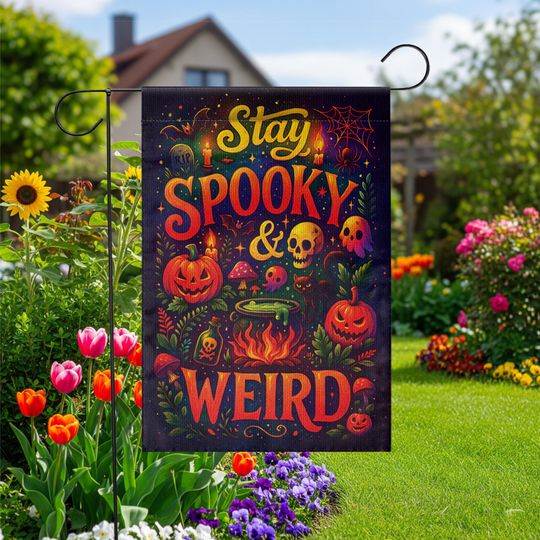Discover Stay Spooky and Weird Garden Flag  Funny Halloween Yard Decor with Pumpkins & Skulls