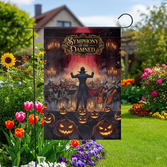 Discover Halloween Garden Flag  Symphony of the Damned Skeleton Music Decor  Spooky Pumpkin Yard Banner