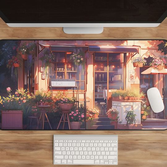 Discover Anime Cafe Desk Mat: Cozy Coffee Shop Art Workspace Accessory