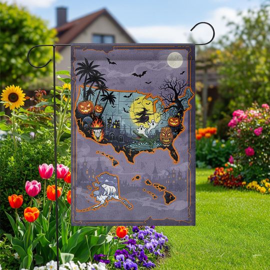 Halloween USA Map Garden Flag: Haunted House Decor, Spooky Outdoor Banner