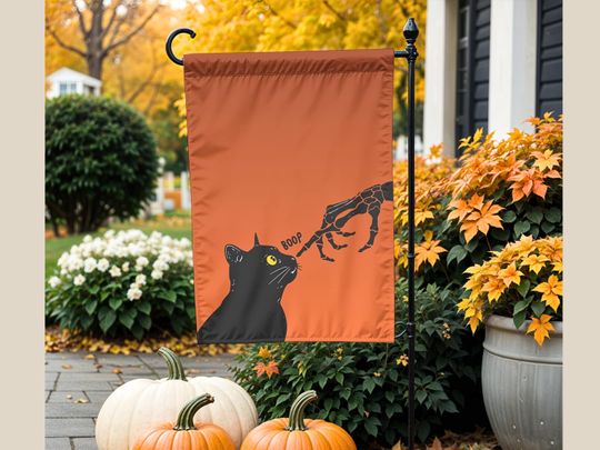 Black Cat Garden Flag Cute Halloween Porch Decor with Skeleton Hand Funny Boop Cat