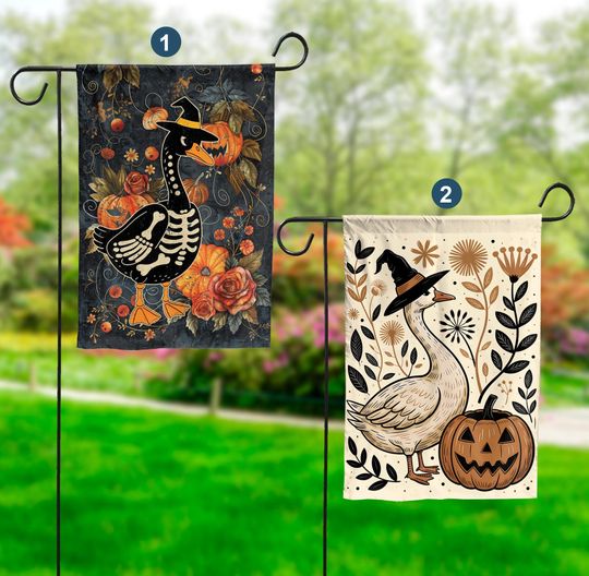Discover Funny Halloween Goose Garden Flag, Spooky Goose Garden Flag, Skeleton Witch Goose With Pumpkin Floral Yard Flag, Fall Halloween Yard Decor