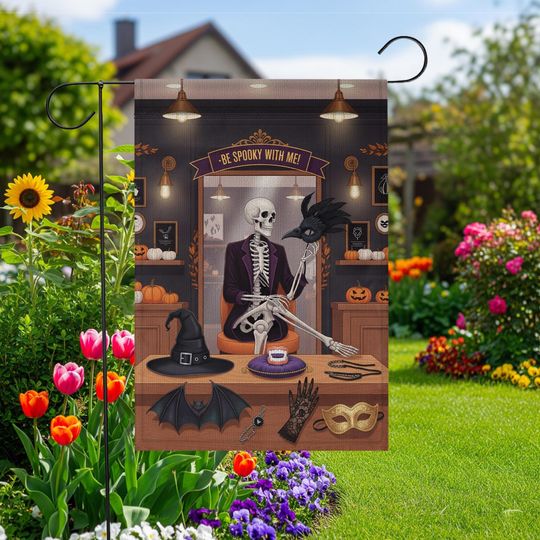 Discover Funny Skeleton Halloween Garden Flag: Gothic Witch & Bat Decor