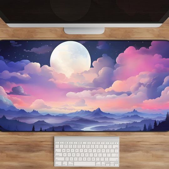 Discover Kawaii Anime Desk Mat - Moonlit Mountain, XL Gaming Pad with Pastel Pink Clouds, Cute Desk Decor