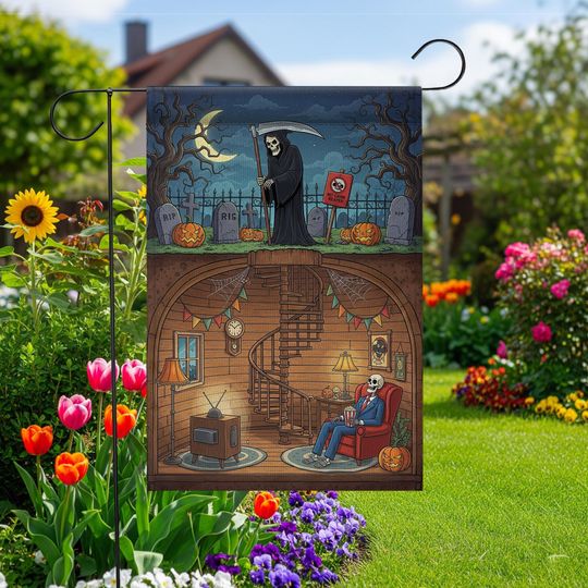 Funny Grim Reaper Halloween Garden Flag | Skeleton Basement Decor | Spooky Outdoor Yard Flag
