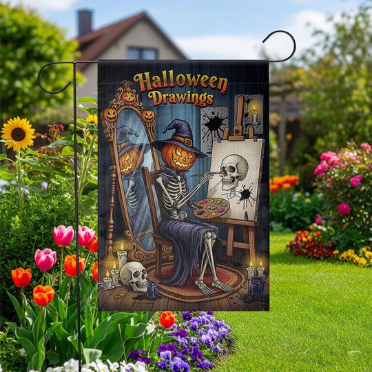 Halloween Artist Garden Flag - Pumpkin Skeleton Drawing Skull Art