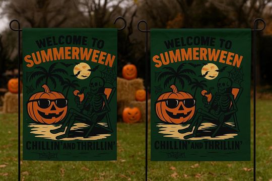 Summerween Garden Flag, Chillin' and Thrillin' Skeleton Flag, Outdoor Event Display Banner