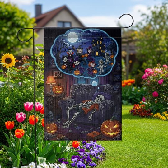 Discover Funny Halloween Garden Flag  Skeleton Trick or Treat Dream Scene  Spooky Cute Yard Decor for Fall Outdoor Display