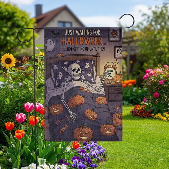 Funny Halloween Garden Flag: Skeleton in Bed - Spooky Yard Decor
