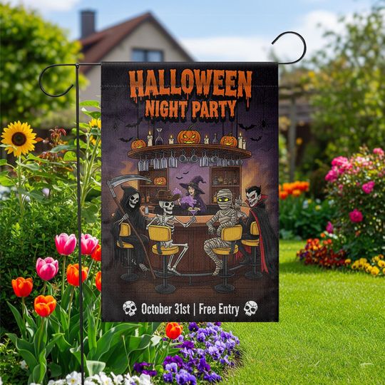Halloween Night Party Garden Flag  Funny Skeleton Vampire Bar Decor  October 31 Yard Sign