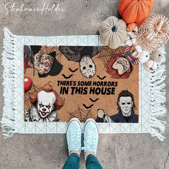Discover There's Some Horrors In This House Door Mat, Halloween Horror Movie Doormat, Scary Clown Jason Chucky Michael Myers Rug, Spooky Porch Decor