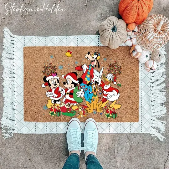 Mouse and Friends Holiday Welcome Doormat, Funny Cartoon Characters Christmas Doormat, Cute Winter Decor Gift