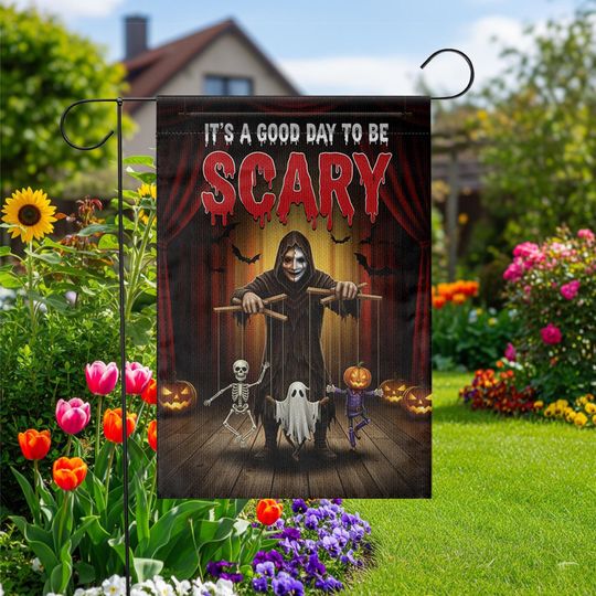 Discover Scary Halloween Garden Flag: Creepy Puppet Master, Skeleton, Ghost
