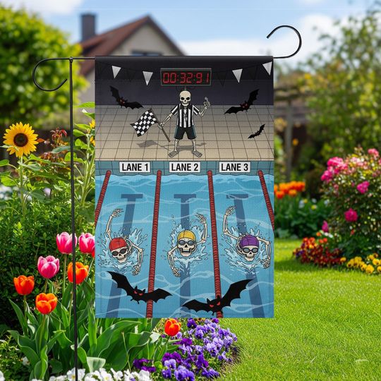 Discover Skeleton Swim Halloween Garden Flag  Funny Swimming Skeleton Yard Decor  Spooky Pool Sports Banner