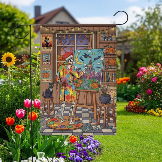 Discover Halloween Skeleton Artist Garden Flag: Spooky Autumn Yard Decor