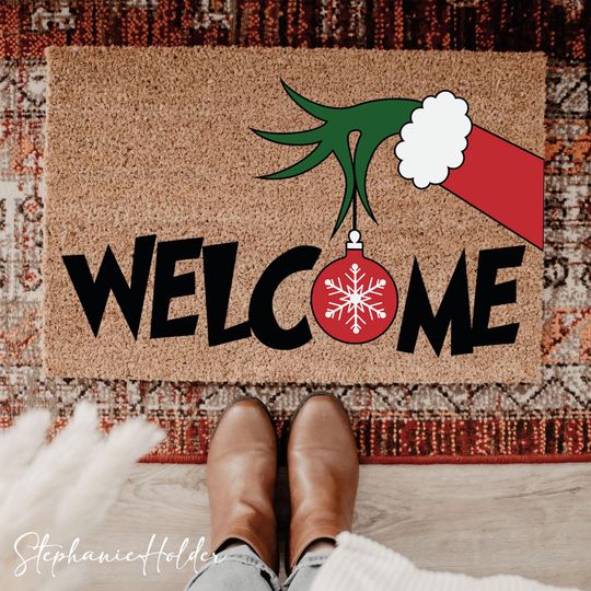 Discover Green Welcome Christmas Door Mat, Funny Holiday Welcome Mat With Santa Hat, Green Inspired Doormat, Cute Christmas Entry Rug, Xmas Porch